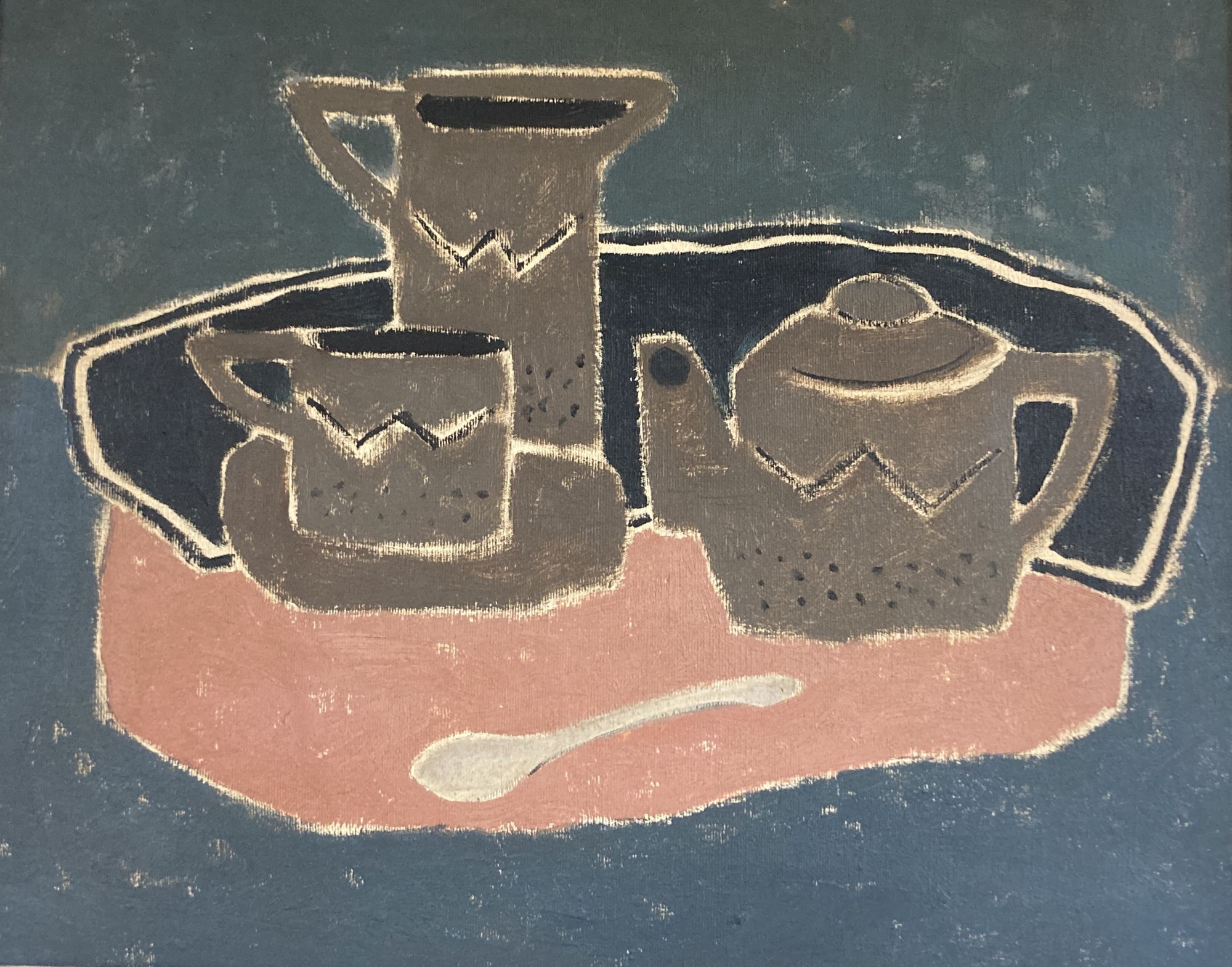 Modern British, oil on canvas, Still life of a teaset, tray and spoon, 40 x 50cm